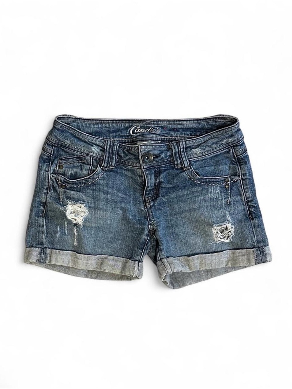 Women’s Y2K Candie’s Distressed Low Rise Denim Mini Shorts Size 0